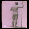 OCAL, MIGUEL M. Desnudo masculino de espladas y en pie apoyado en una vara.